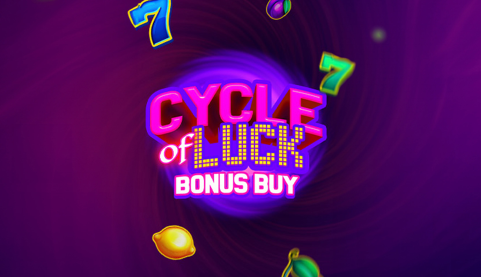 Vivid 'Cycle of Luck Bonus Buy' by Evoplay  slot game logo with illuminated fruit symbols against a purple backdrop.