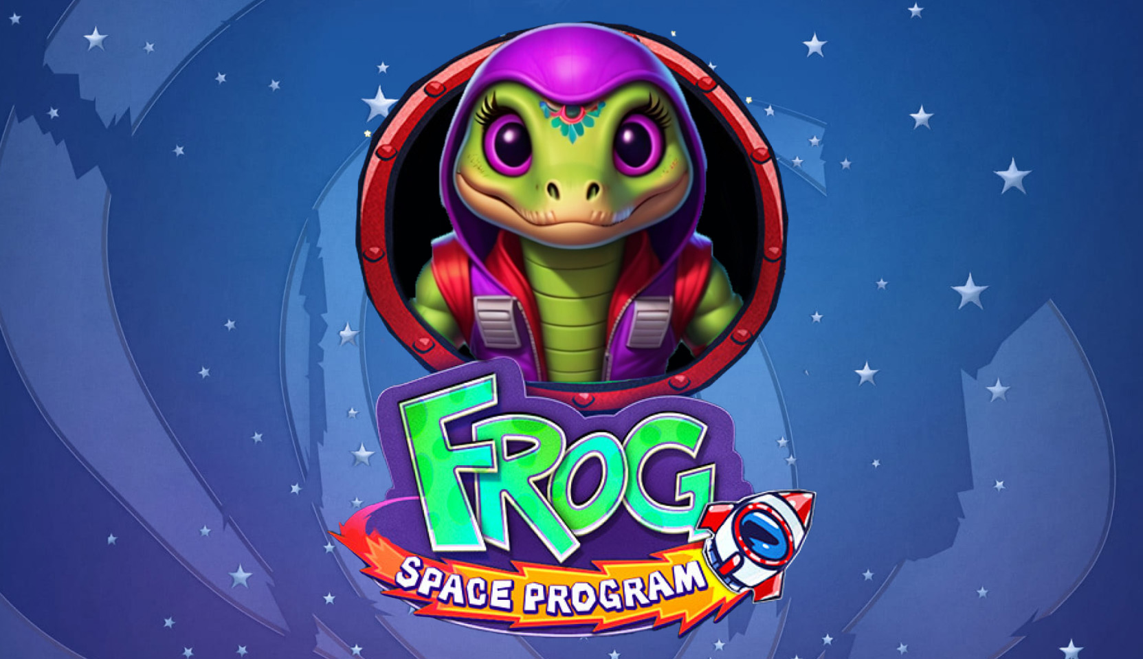 Cartoon frog in a space suit from Gamebeat's Frog Space Program slot game against a starry night background