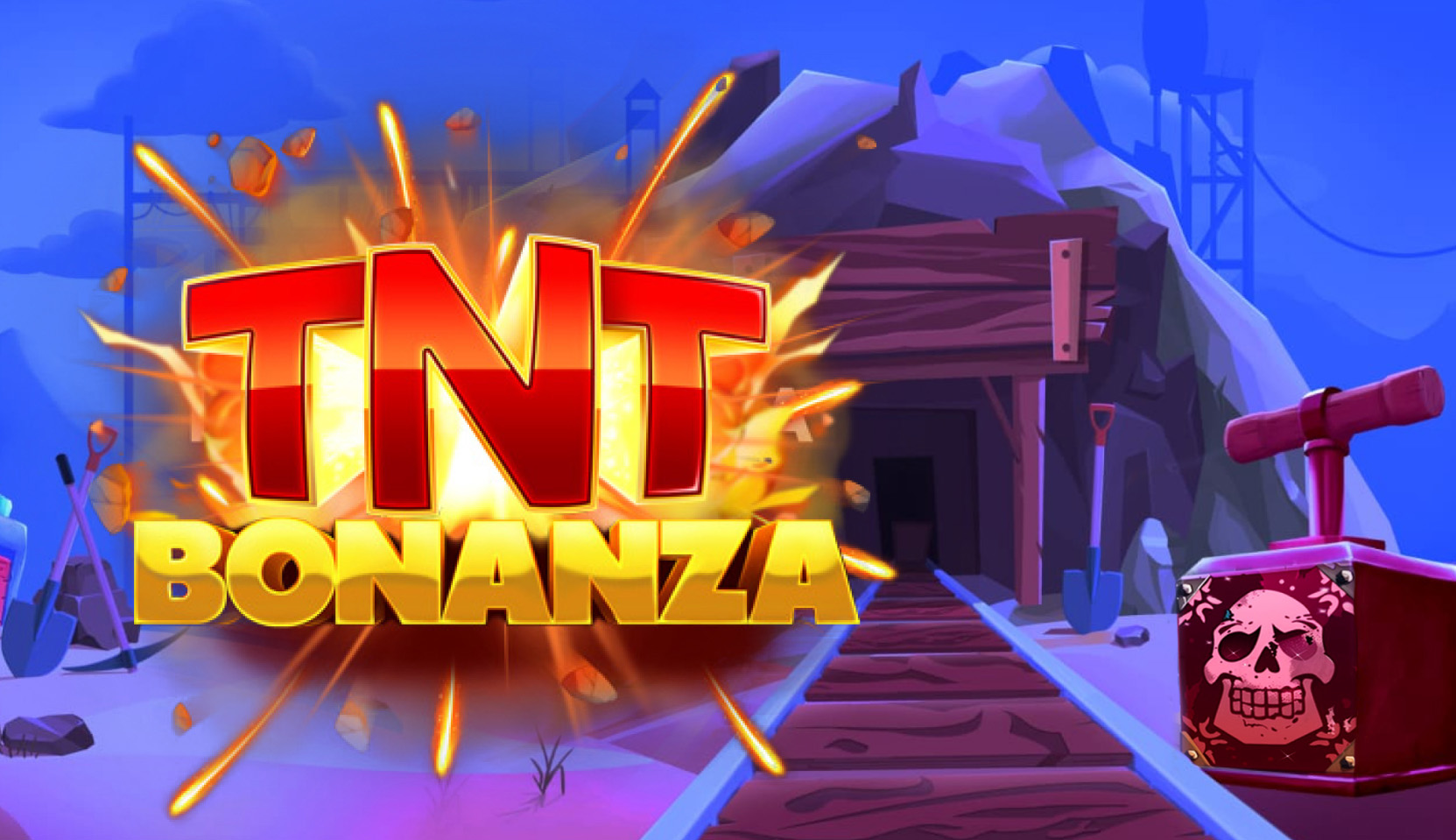 Explosive 'TNT Bonanza' slot game logo with a dynamite blast in a mining scene by Booming Games