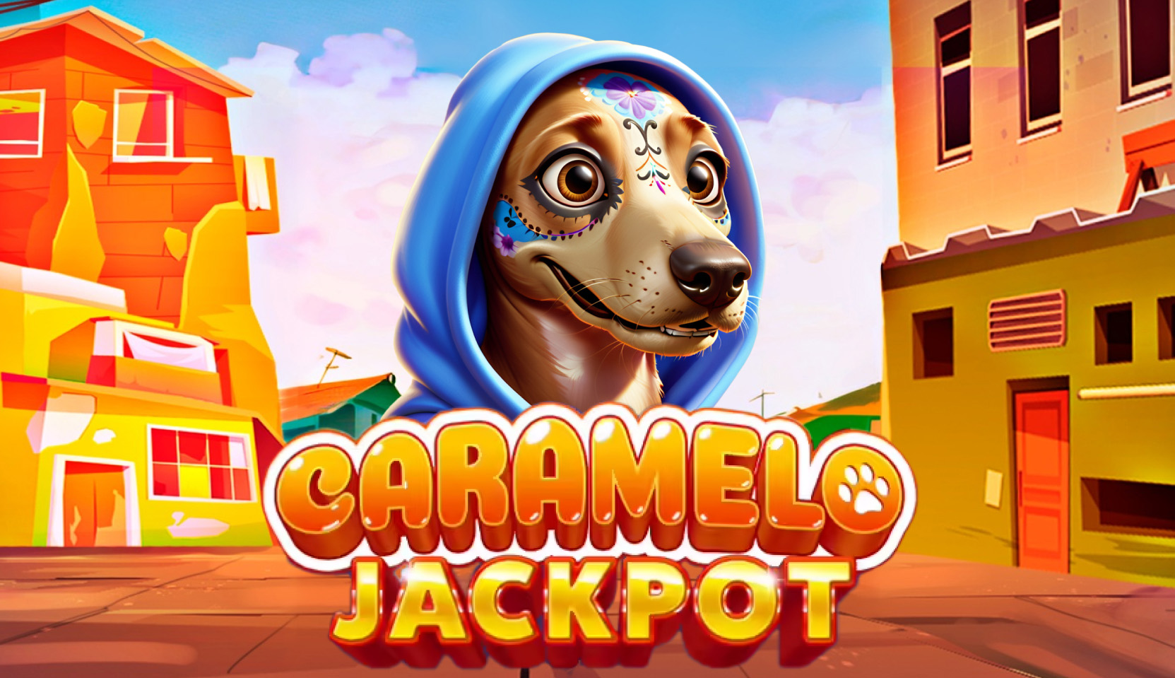 Caramelo Jackpot slot game  by only play review with a cheerful dog in a blue hoodie and bright city background.