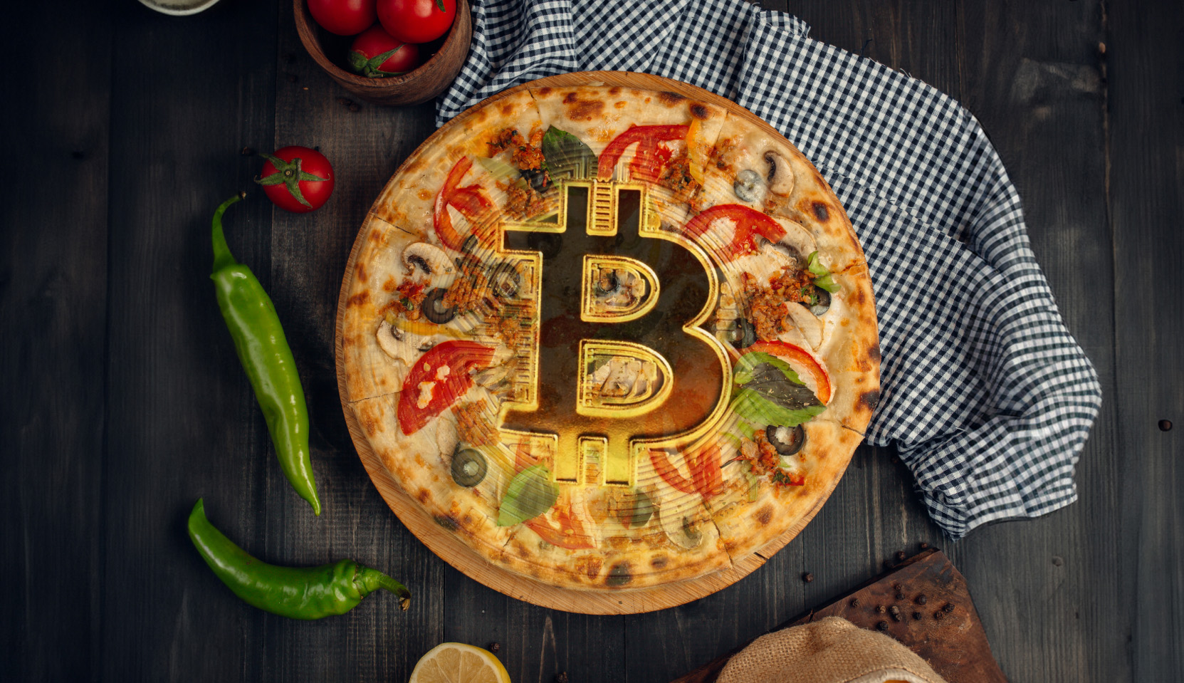 Bitcoin pizza with bitcoin logo to celebrate pizza day.