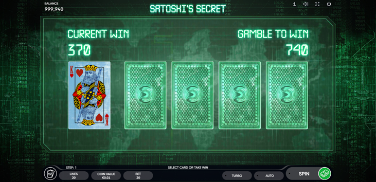 Satoshi’s Secret slot game by Endorphina with gamble round screen showing king and cards to be guessed.