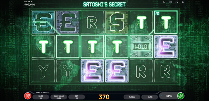 Satoshi’s Secret slot game by Endorphina with game grid and icons on a matrix-like screen.