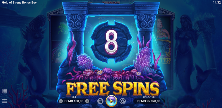 Gold of Siren Bonus Buy slot game by Evoplay showing 8 free spins win.