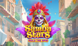Samba Stars: Hold The Spin slot review by Gamzix featuring colorful carnival theme with masked dancer and vibrant street background.
