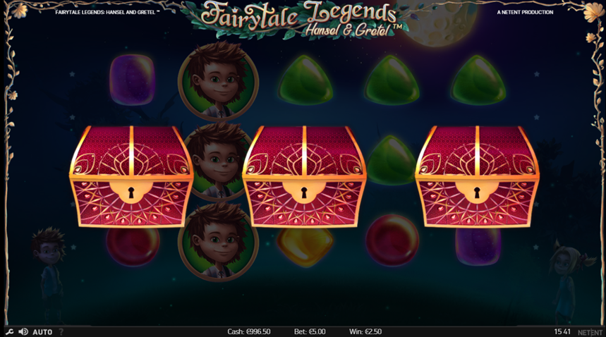 Fairytale Legends: Hansel and Gretel by NetEnt bonus chest in the pick bonus feature with game grid in background.