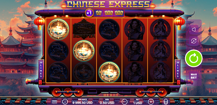 Chinese Express slot game by Only Play showing game grid win with oriental houses in the background.