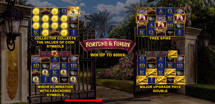 Fortune & Finery slot game by Booming Games entrance screen with collector coins, minor elimination, free spins, and major upgrade grids