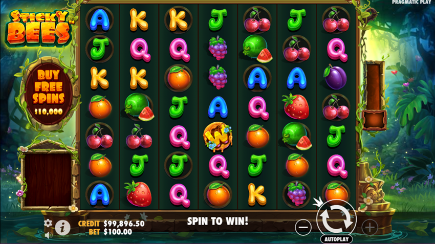 Sticky Bees by Pragmatic Play game grid with buy free spins and game symbols.