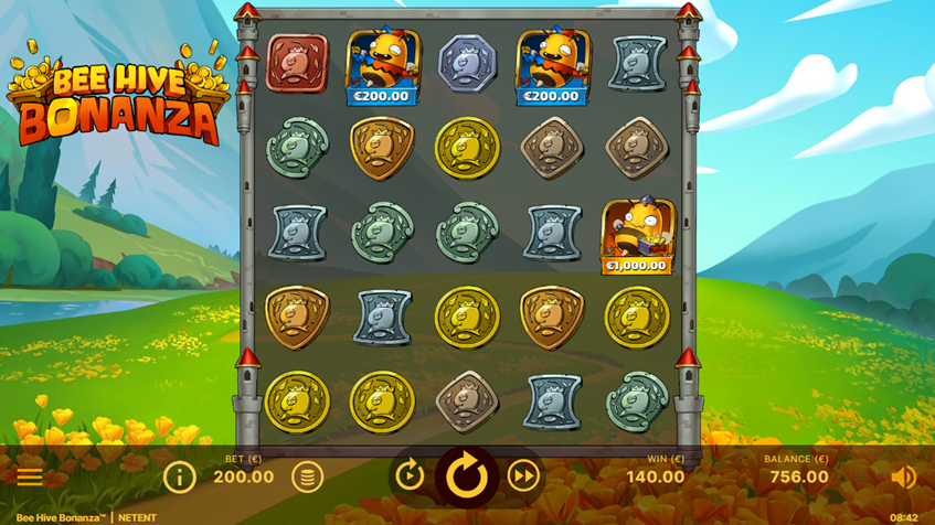 Bee Hive Bonanza by NetEnt game grid with bee symbols and country background