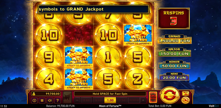 Moon of Fortune slot game by Wazdan showing bonus grid with mystery rabbit and one more bonus coin needed