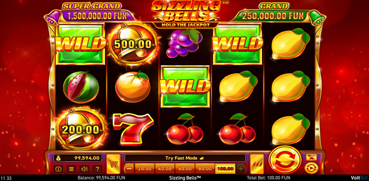Sizzling Bells slot game by Wazdan game grid showing one sizzling bell, wild, and fruit symbols