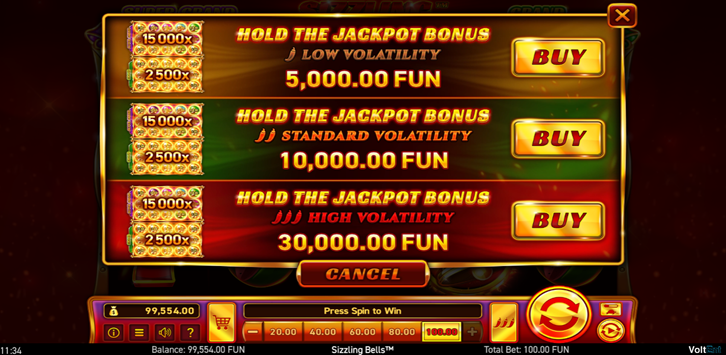 Sizzling Bells slot game by Wazdan showing three bonus buy grid options.