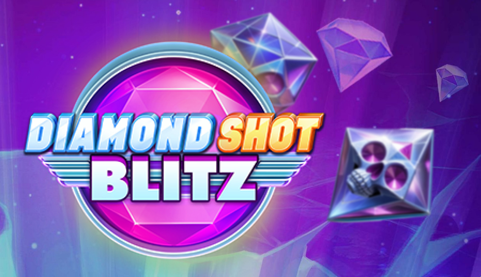 Diamond Shot Blitz slot game logo with sparkling diamonds on a purple background.