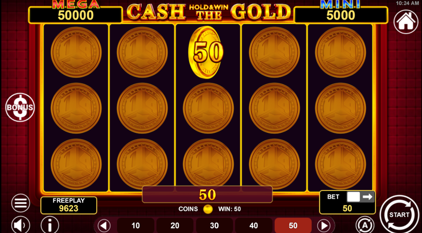 Cash The Gold : Hold and Win slot game by 1spin4win game grid with 50 gold coin win.