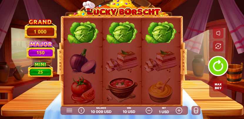 Lucky Borscht slot game by Only Play game grid with three cabbage win and other game symbols.