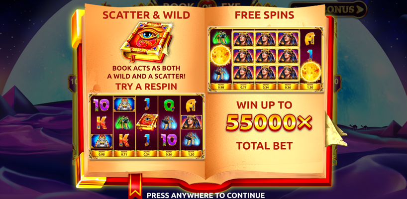 Book of Eye slot game by Only Play entrance screen with scatter, wild and free spins with game grid.