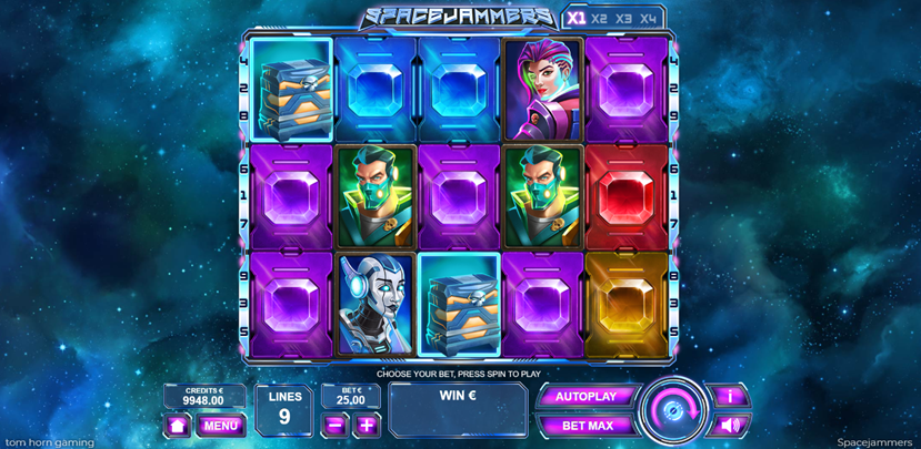 Space Jammers slot game grid showing the characters and the portals in a starry night sky