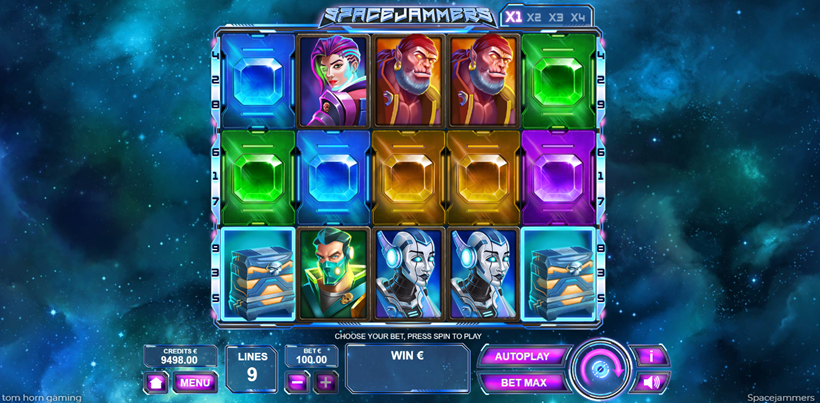 Space Jammers slot game grid showing characters, portals, and missing case, set on the milky way