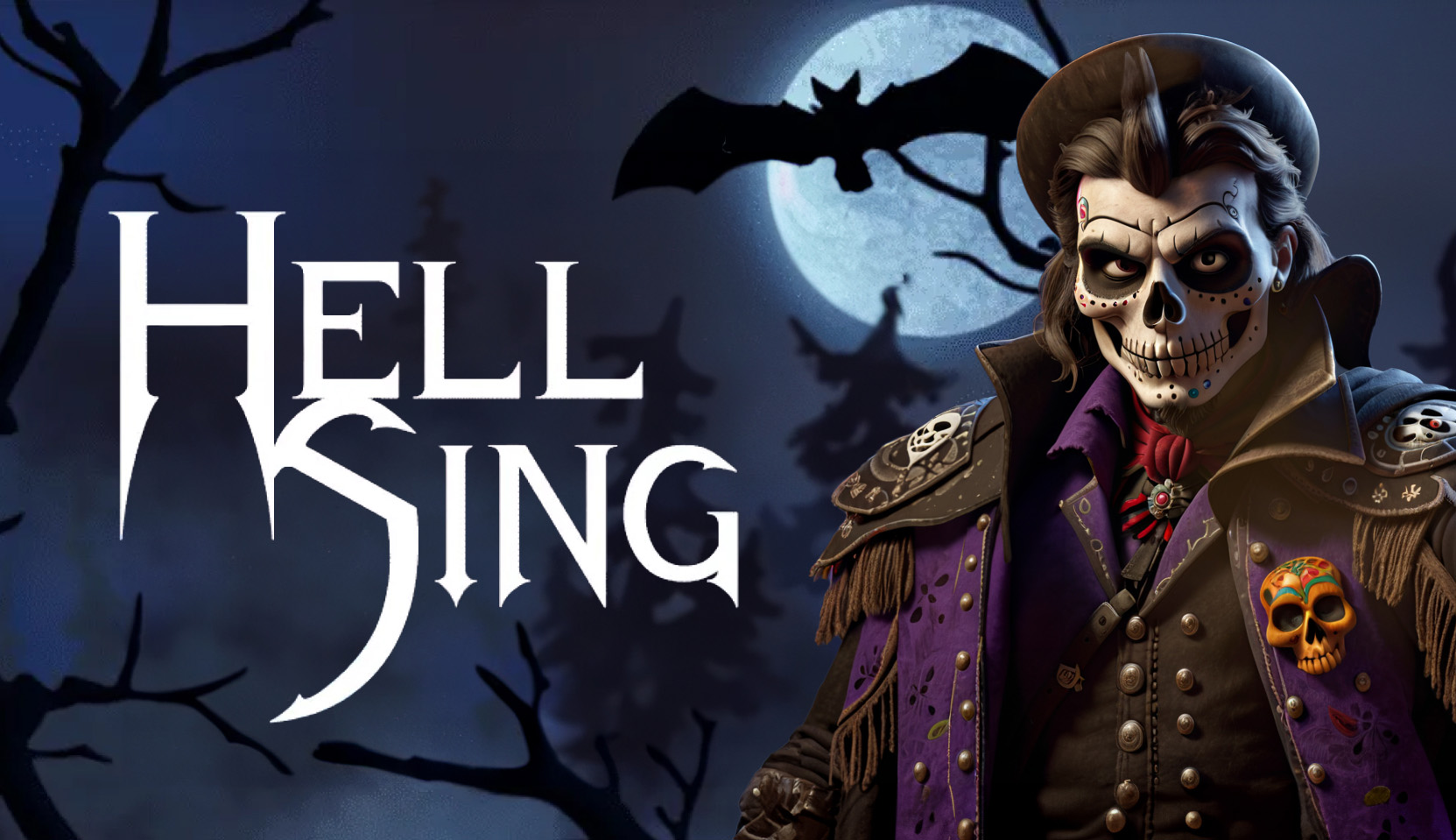 Hell’sing slot game with skeleton character with full moon and bats in the background