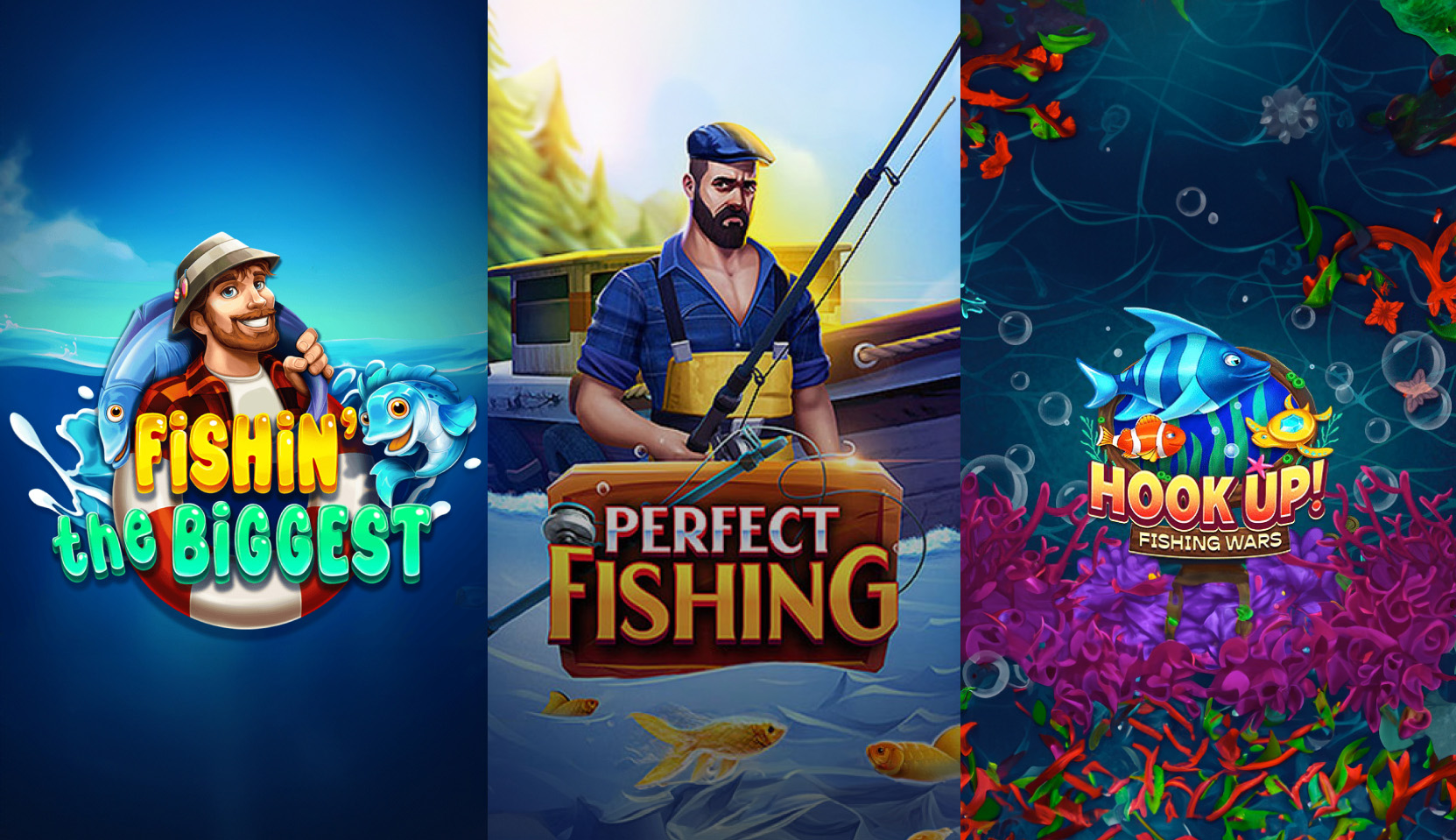 Collage of Hook Up! Fishing Wars by Mascot Games, Perfect Fishing Games  by Evoplay,  Fishin’ The Biggest  by Apparat Games, Big Bass Splash by Pragmatic Play.