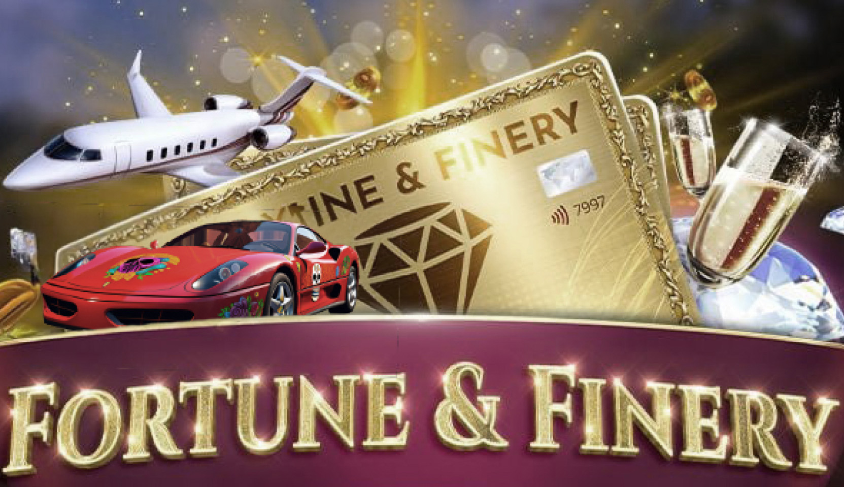 Fortune & Finery slot review by Booming Games with luxury themes including a private jet, sports car, and gold card