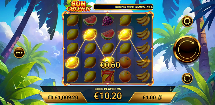 Sun Crown slot game by amigo games game grid with 0.60 win and fruit symbols.