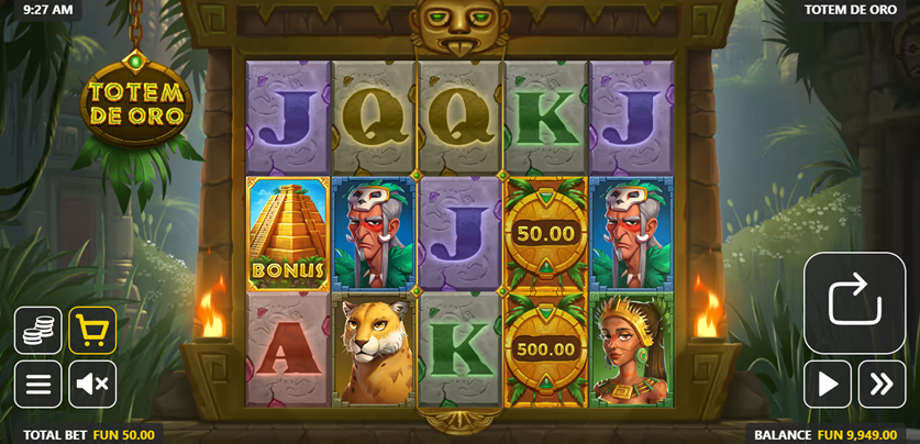 Totem De Oro slot game by gamebeat game grid with totem and bonus symbols
