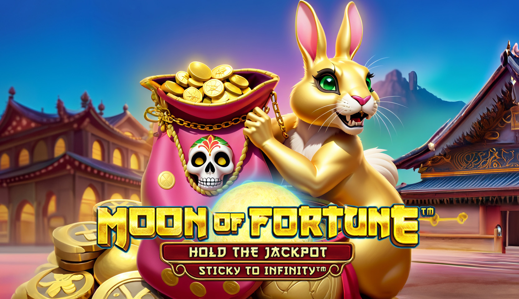 Golden rabbit holding a pot of coins with a skull design in 'Moon of Fortune' slot game by Wazdan